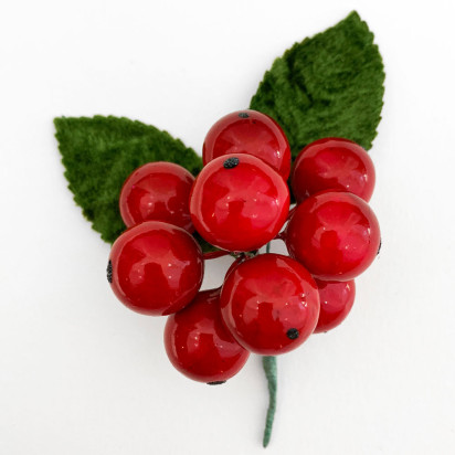 9 Vintage Red Lacquered Cherries with Leaves~ 5/8"