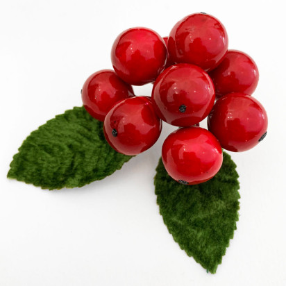 9 Vintage Red Lacquered Cherries with Leaves~ 5/8"