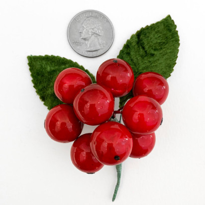 9 Vintage Red Lacquered Cherries with Leaves~ 5/8"