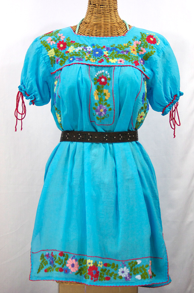 "La Antigua" Mexican Embroidered Peasant Dress - Turquoise + Red Trim