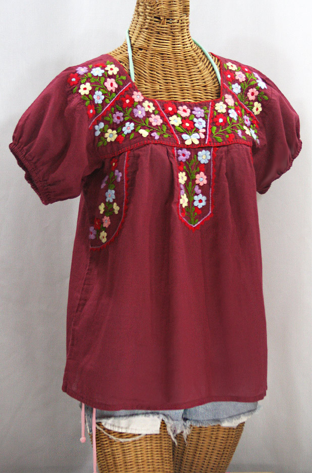 "La Fresca" Embroidered Mexican Peasant Top - Burgundy + Multi