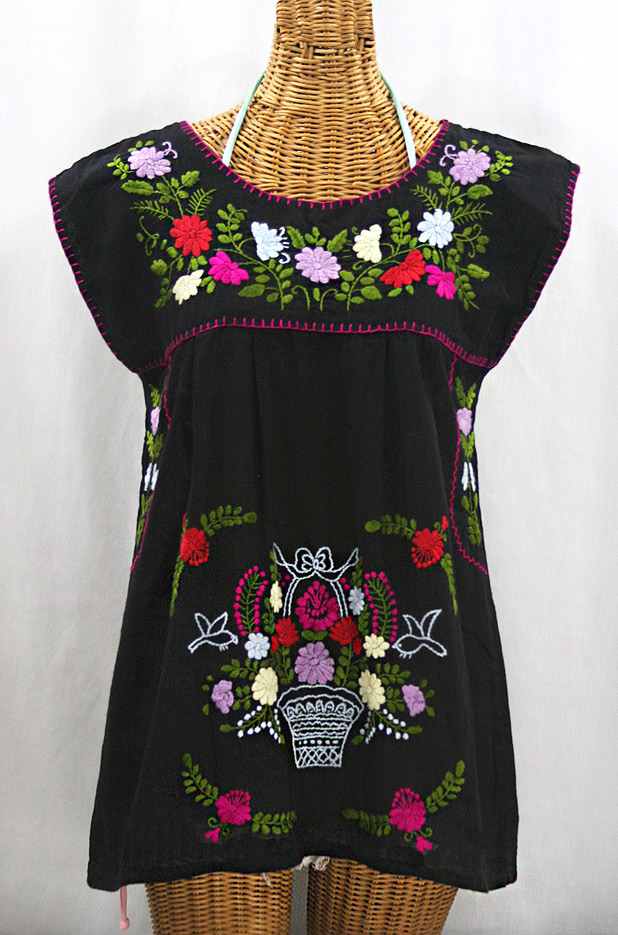 "La Boqueria" Cap Sleeve Mexican Blouse - Black + Multi