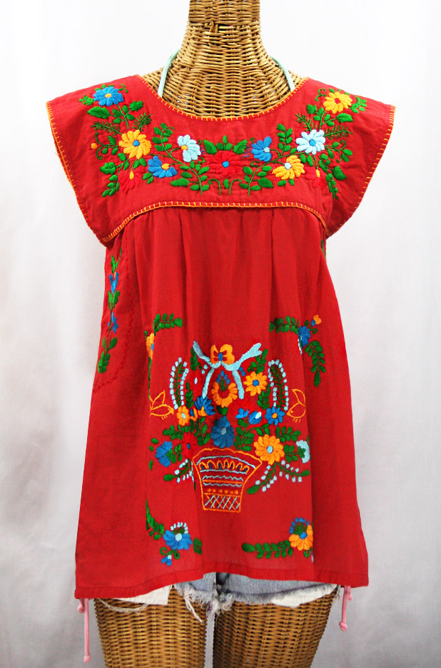 "La Boqueria" Cap Sleeve Mexican Blouse -Red + Fiesta