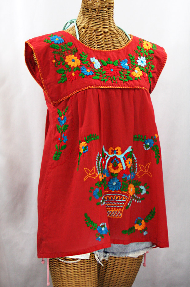 "La Boqueria" Cap Sleeve Mexican Blouse -Red + Fiesta