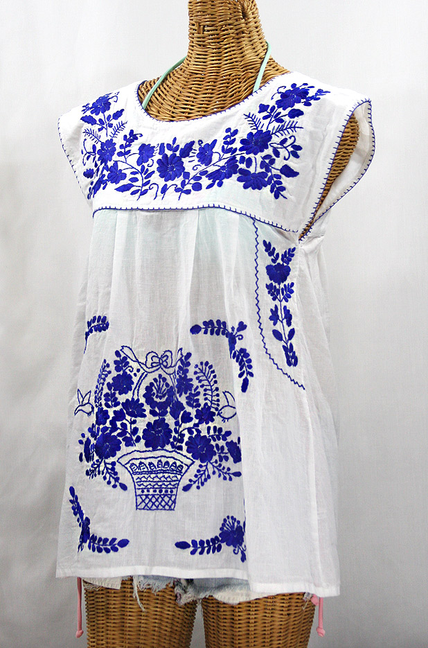 "La Boqueria" Cap Sleeve Mexican Blouse -White + Blue