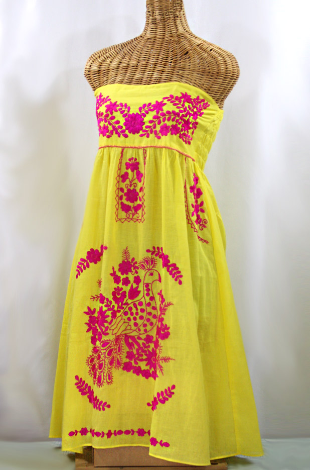 "La Canaria" Embroidered Strapless Sundress - Yellow + Magenta