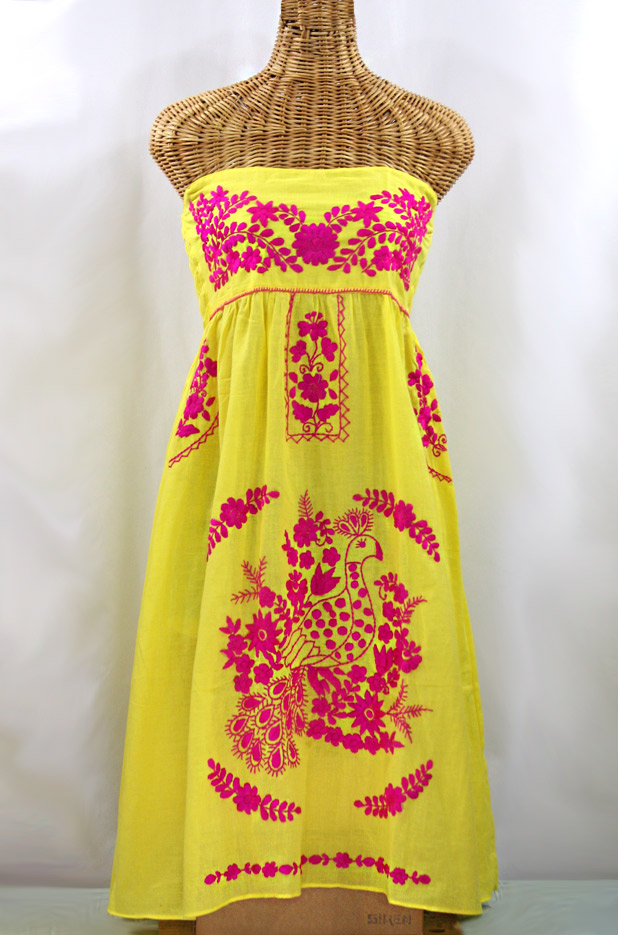 "La Canaria" Embroidered Strapless Sundress - Yellow + Magenta