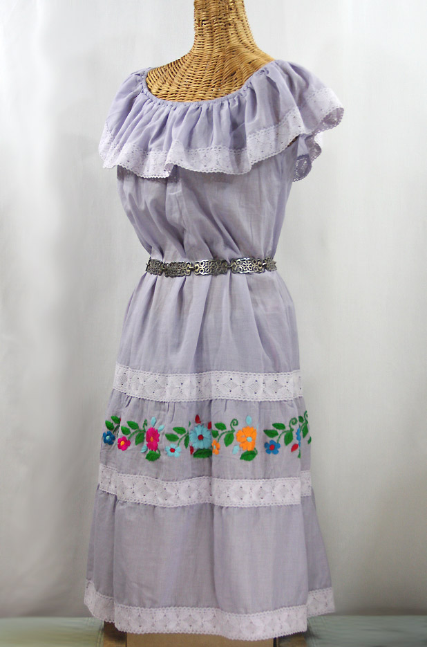 "La Cantina" Embroidered Ruffled Dress - Iced Lavender + Multi