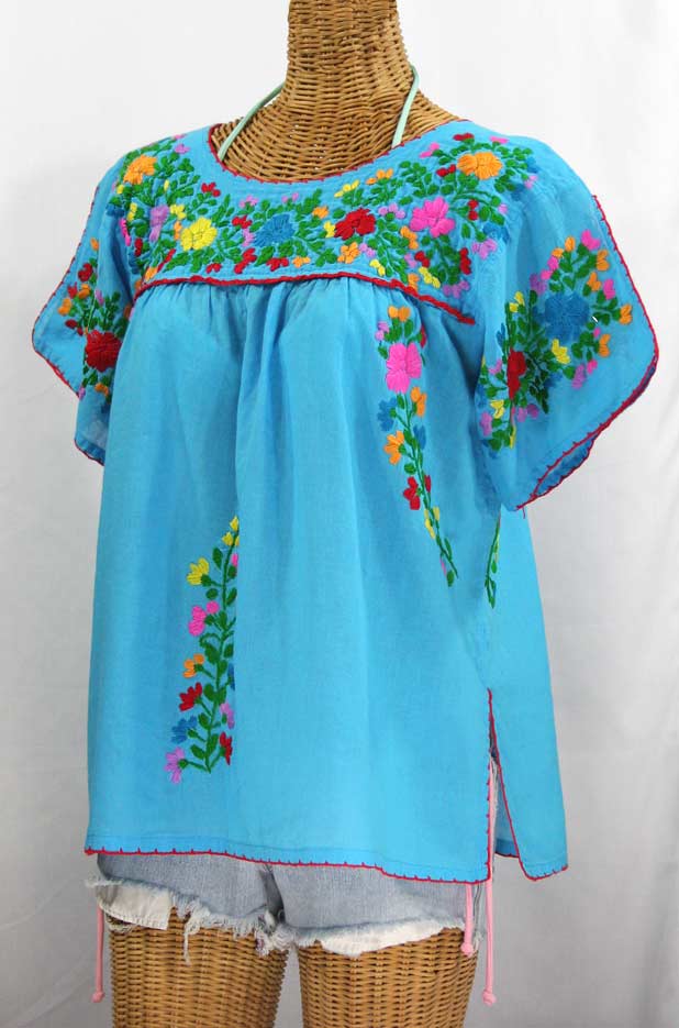 "La Lijera" Embroidered Peasant Blouse Mexican Style -Aqua + Rainbow