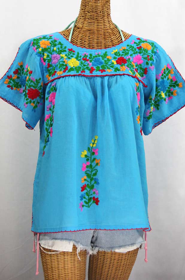 "La Lijera" Embroidered Peasant Blouse Mexican Style -Aqua + Rainbow