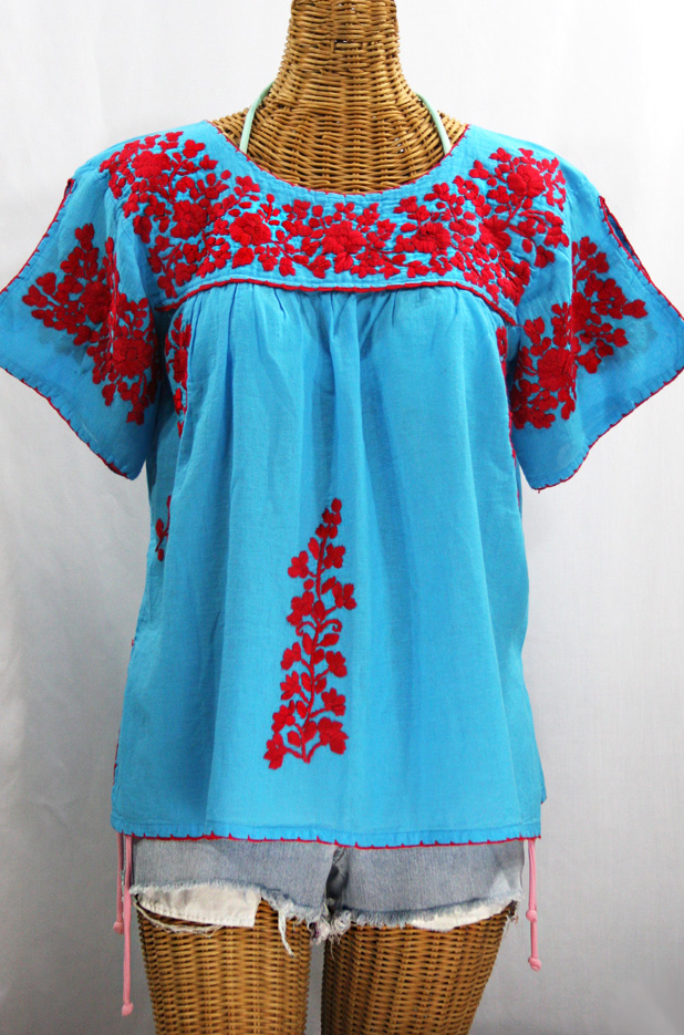 "Lijera" Embroidered Mexican Style Peasant Top Blouse -Aqua + Red