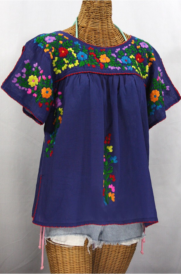 "La Lijera" Embroidered Peasant Blouse Mexican Style -Denim Blue + Rainbow