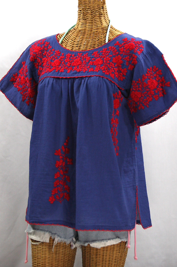 "La Lijera" Embroidered Peasant Blouse Mexican Style -Denim Blue + Red Embroidery