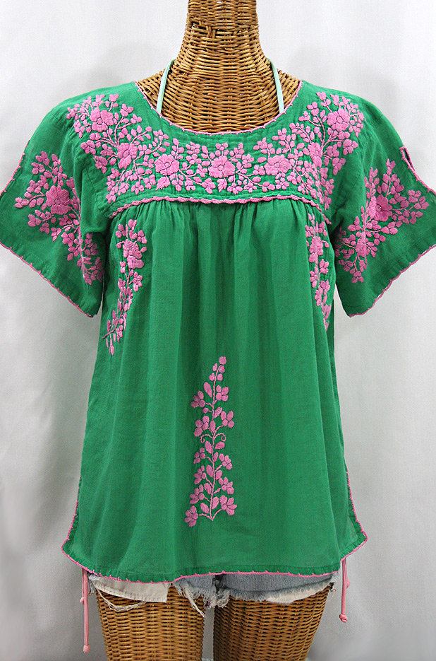 "La Lijera" Embroidered Peasant Blouse Mexican Style - Green + Pink