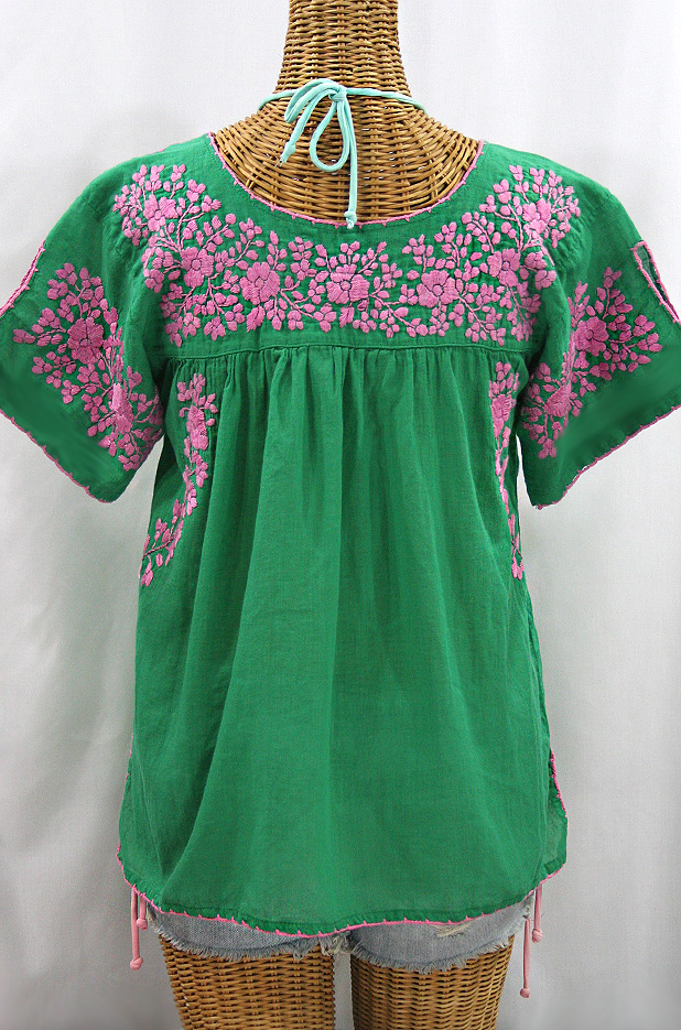 "La Lijera" Embroidered Peasant Blouse Mexican Style - Green + Pink