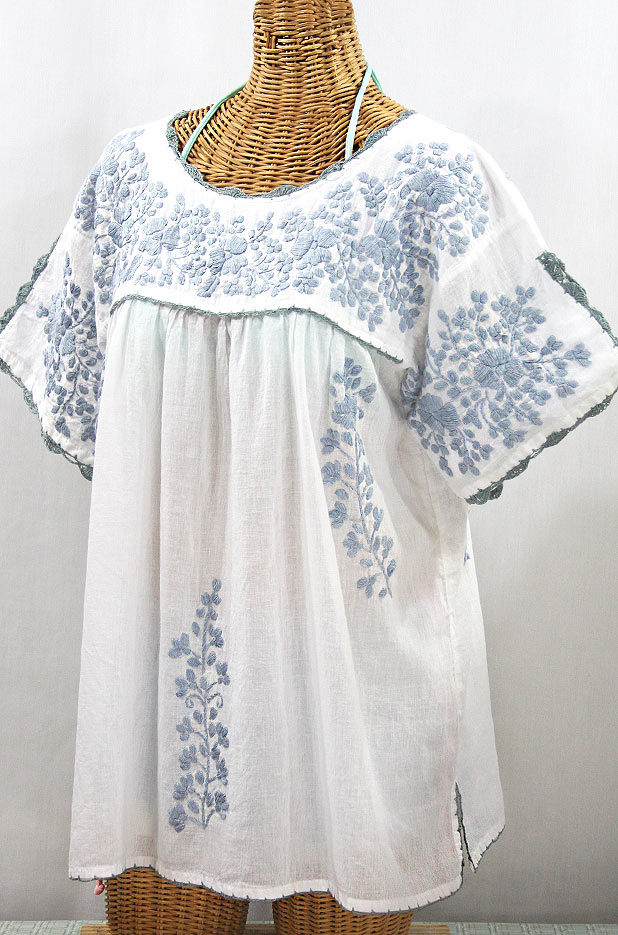 "Lijera Libre" Plus Size Embroidered Mexican Blouse - White + Grey
