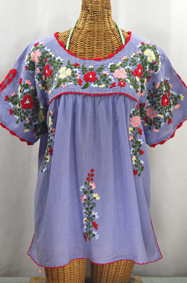 "Lijera Libre" Plus Size Embroidered Mexican Blouse - Periwinkle + Multi