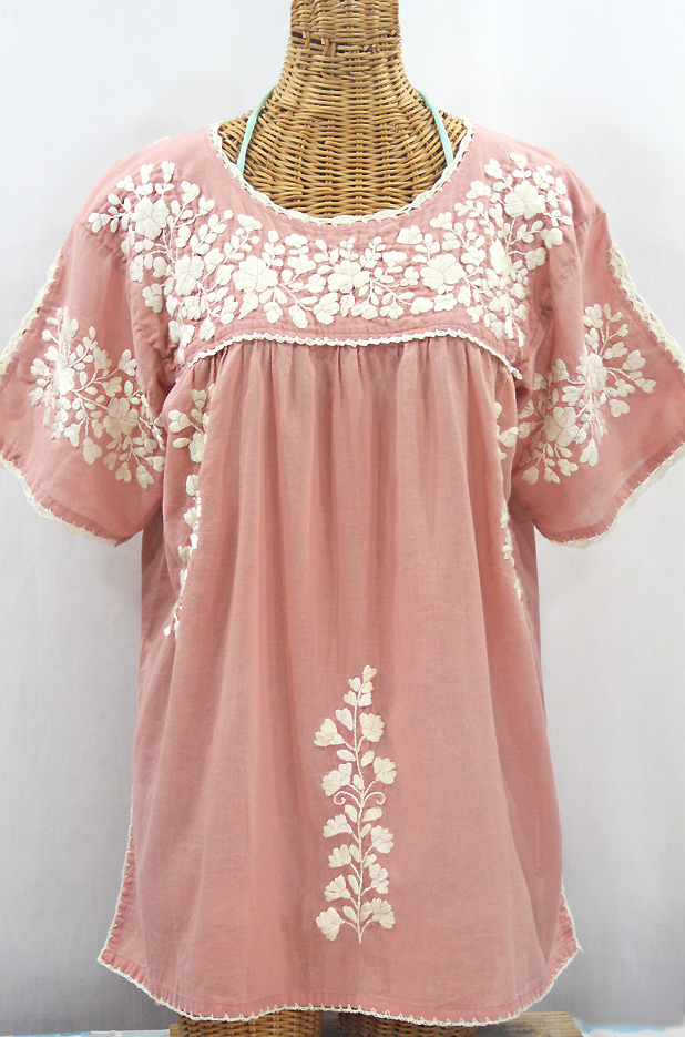 "Lijera Libre" Plus Size Embroidered Mexican Blouse - Dusty Light Pink + Cream