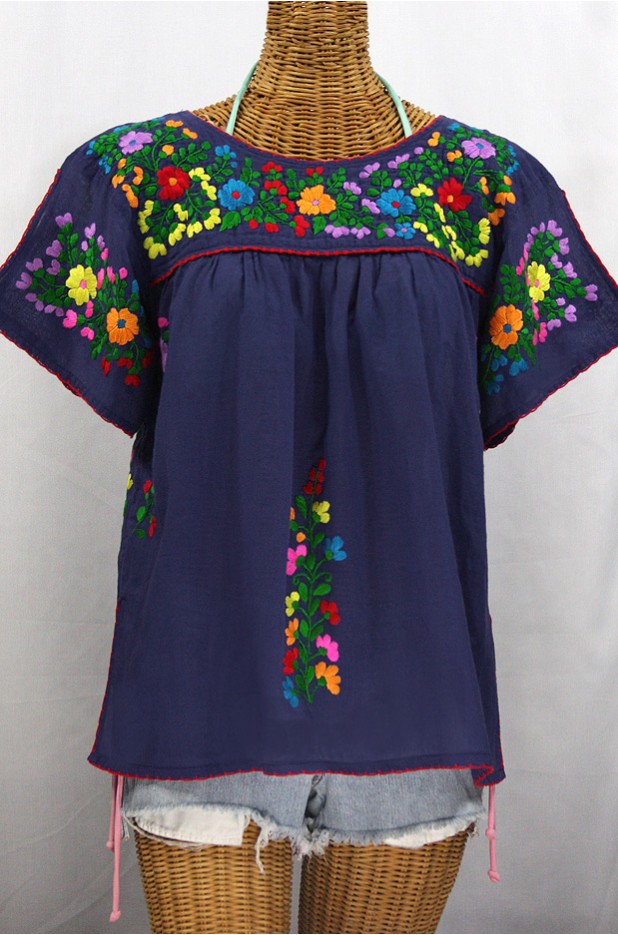 "La Lijera" Embroidered Peasant Blouse Mexican Style - Navy Blue + Rainbow