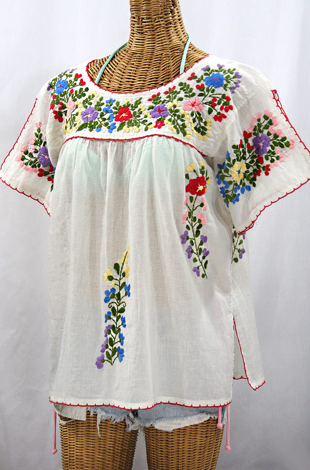 "La Lijera" Embroidered Mexican Blouse -Off White + Multi