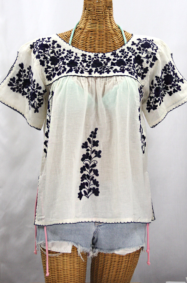 "La Lijera" Embroidered Peasant Blouse Mexican Style -Off White + Navy