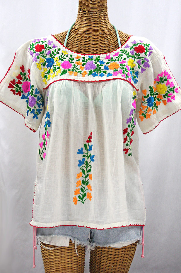 "La Lijera" Embroidered Peasant Blouse Mexican Style -Off White + Rainbow