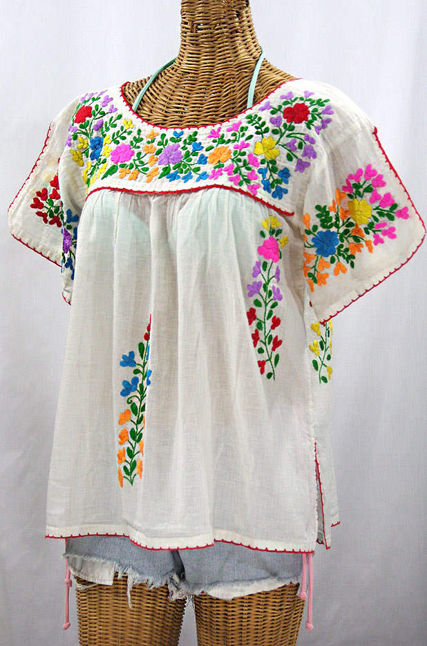 "La Lijera" Embroidered Peasant Blouse Mexican Style -Off White + Rainbow