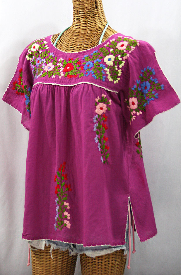"La Lijera" Embroidered Mexican Style Peasant Blouse -Fuchsia