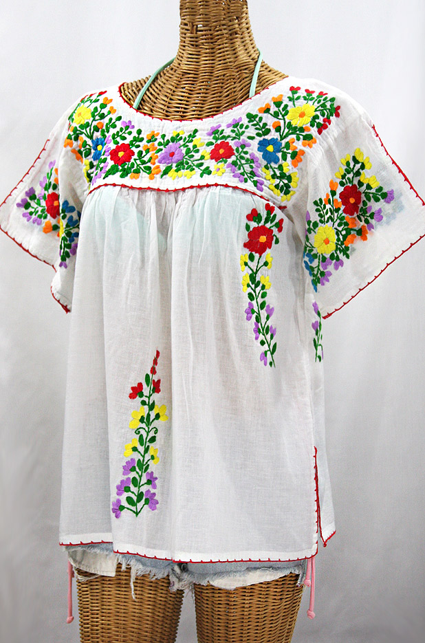 "La Lijera" Embroidered Peasant Blouse Mexican Style -White + Rainbow