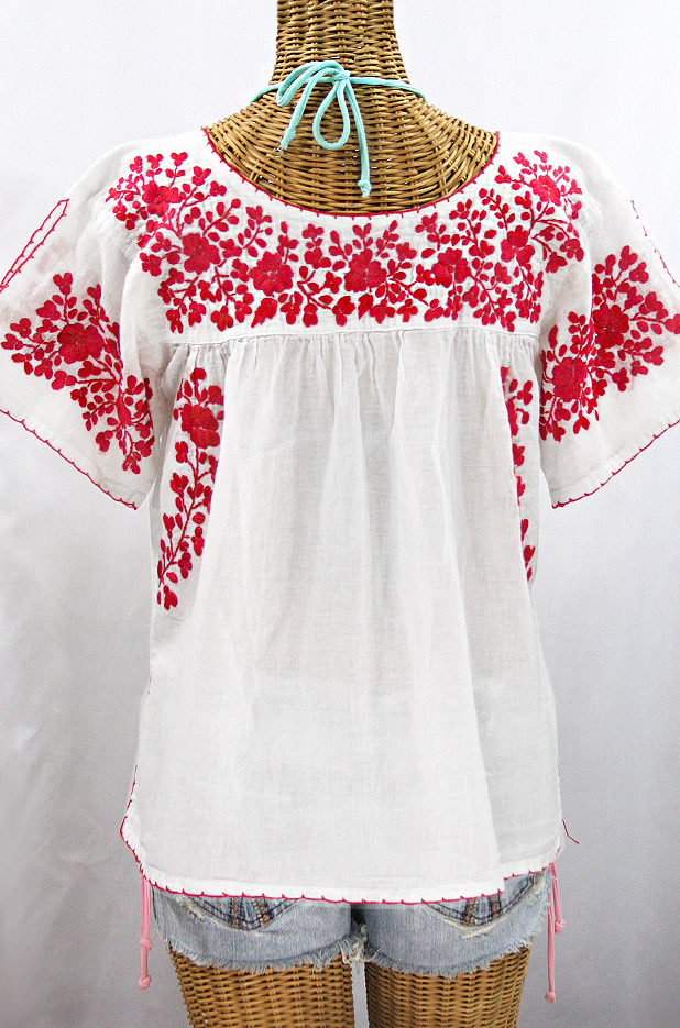 "La Lijera" Embroidered Peasant Blouse Mexican Style - White + Red