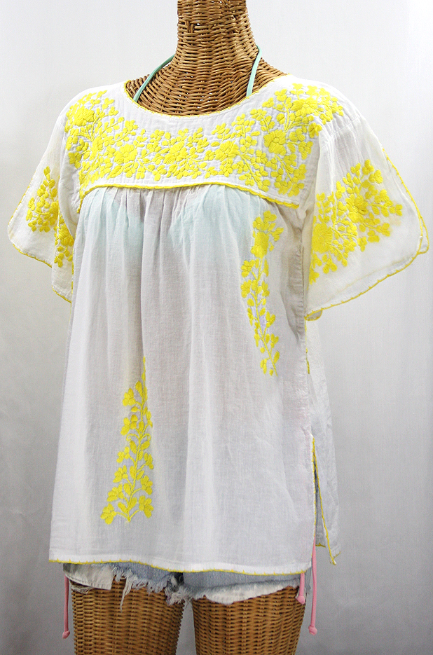 "La Lijera" Embroidered Peasant Blouse Mexican Style -White + Neon Yellow