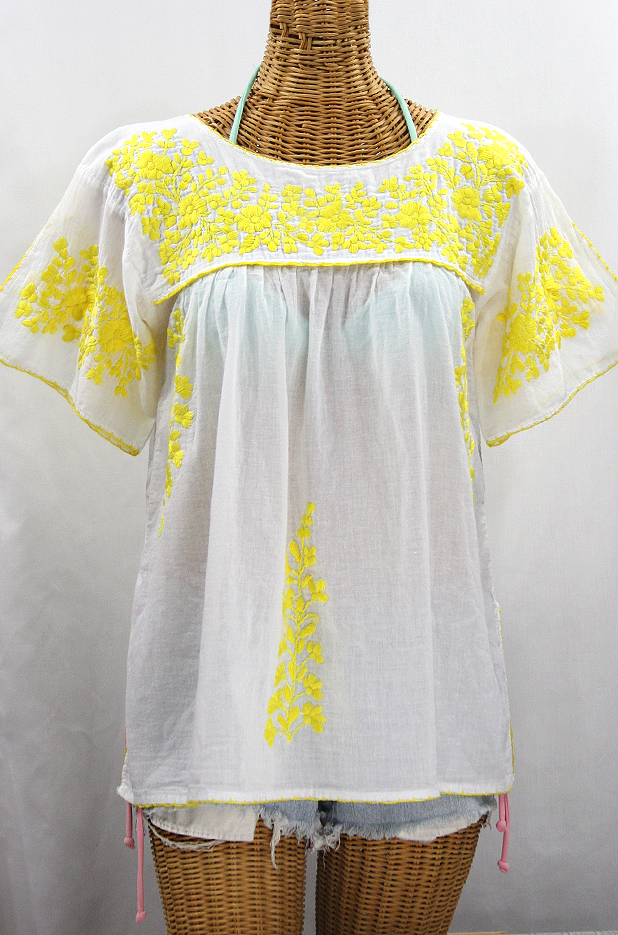 "La Lijera" Embroidered Peasant Blouse Mexican Style -White + Neon Yellow