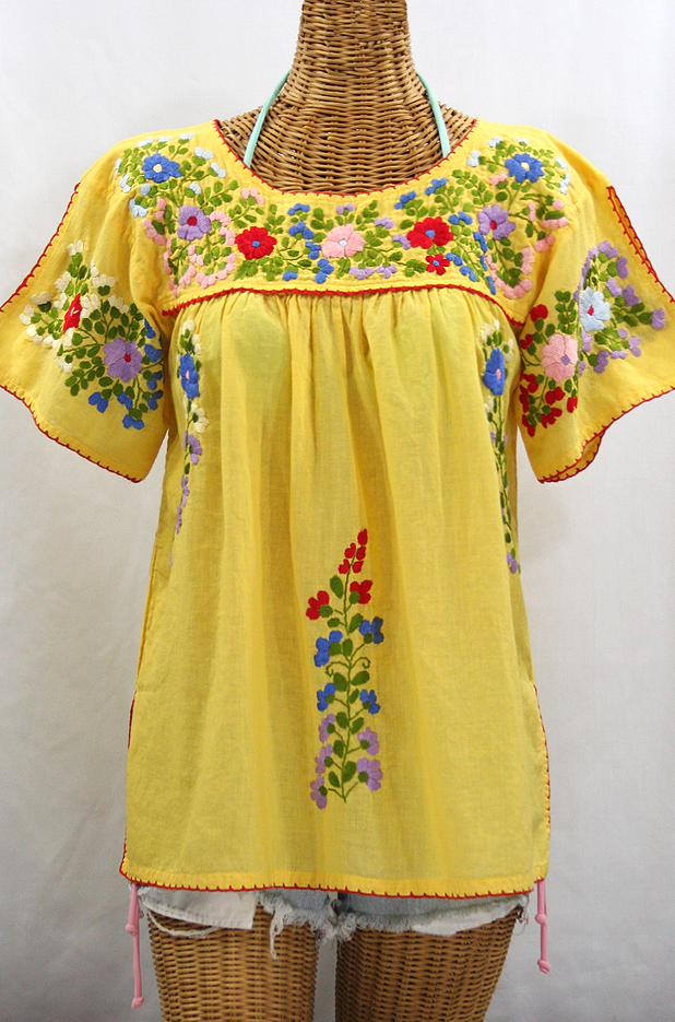"La Lijera" Embroidered Peasant Blouse Mexican Style - Yellow + Red Trim