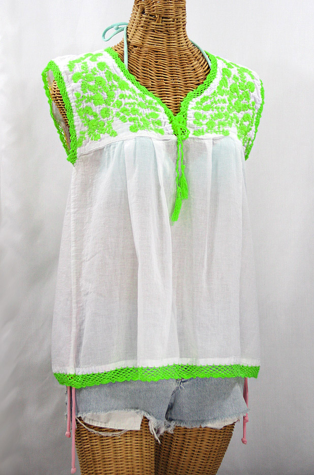 "La Marbrisa" Sleeveless Mexican Blouse - White + Neon Green