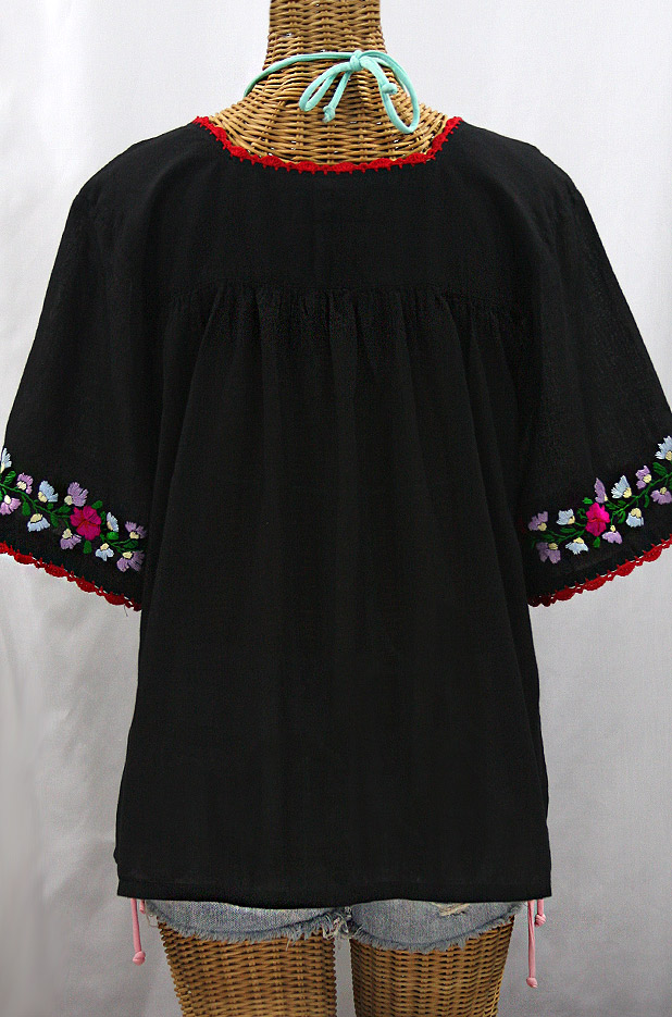 "La Marina" Embroidered Mexican Peasant Blouse -Black + Bright Multi