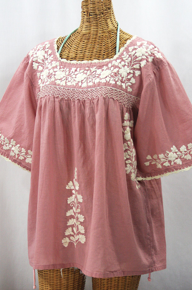 "La Marina" Embroidered Mexican Style Peasant Top - Dusty Light Pink + Cream