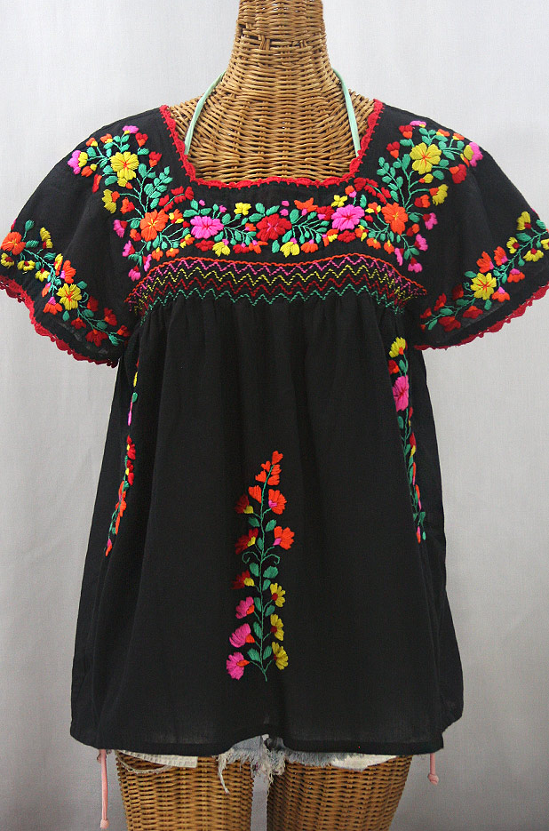 "La Marina Corta" Embroidered Mexican Peasant Blouse - Black + Bright Spring Mix