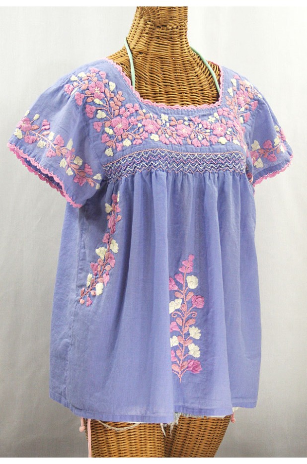 "La Marina Corta" Embroidered Mexican Peasant Blouse - Periwinkle + Pink Mix