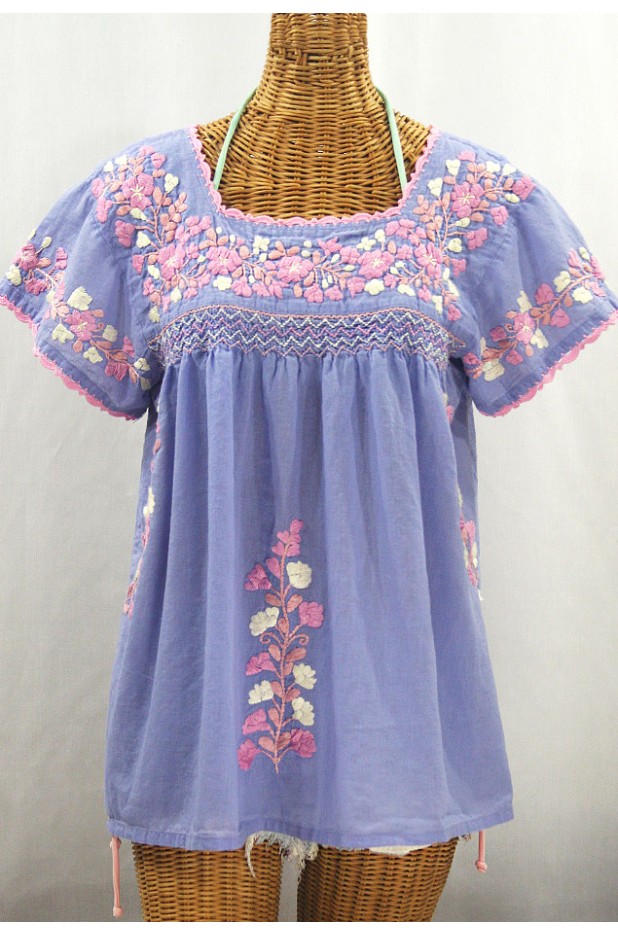 "La Marina Corta" Embroidered Mexican Peasant Blouse - Periwinkle + Pink Mix