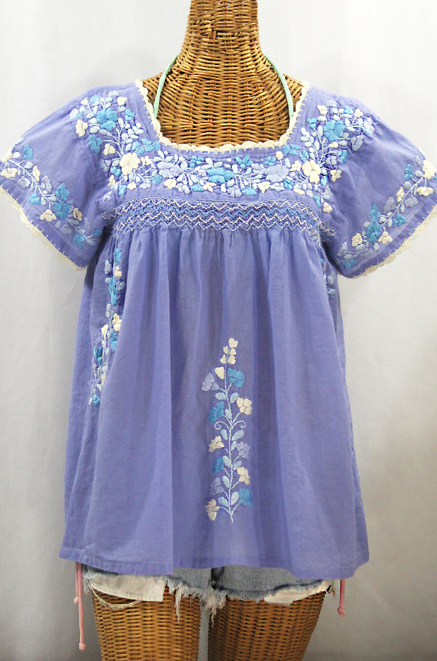 "La Marina Corta" Embroidered Mexican Peasant Blouse - Periwinkle + Blue Mix