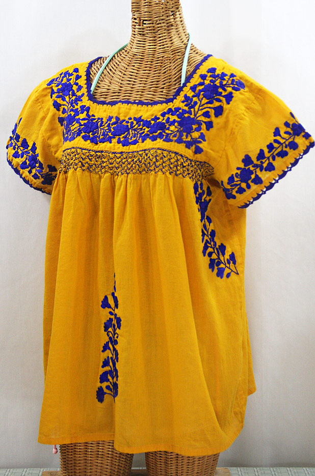 "La Marina Corta" Embroidered Mexican Peasant Blouse - Honey Gold + Blue