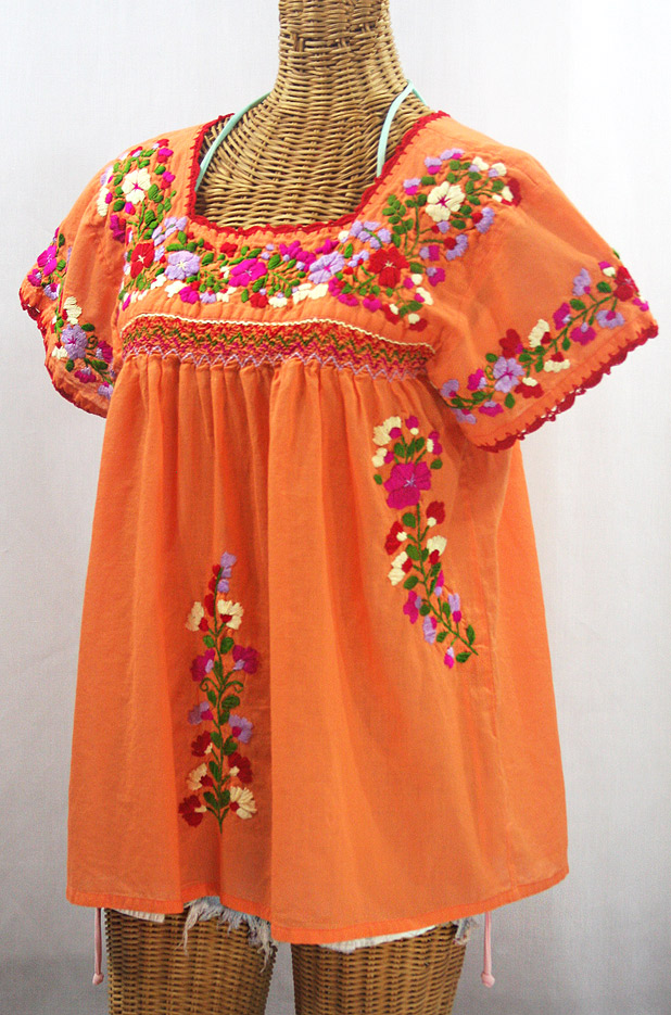 "La Marina Corta" Embroidered Mexican Peasant Blouse - Orange Cream + Multi