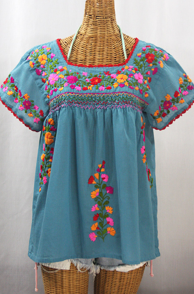 "La Marina Corta" Embroidered Mexican Peasant Blouse - Pool Blue + Bright Mix