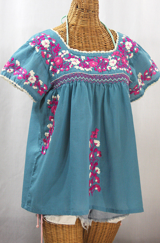 "La Marina Corta" Embroidered Mexican Peasant Blouse - Pool Blue + Bright Pink Mix
