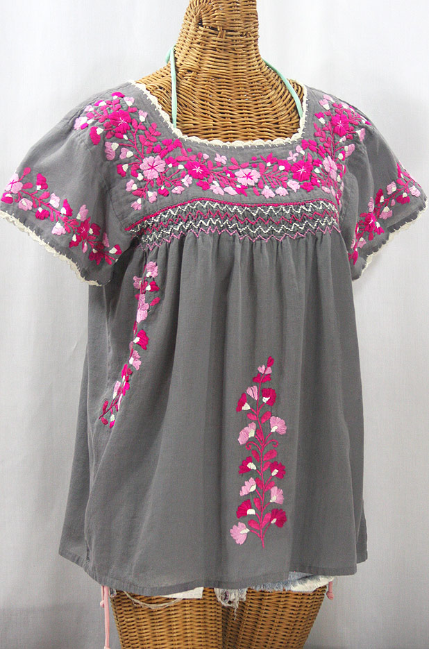 "La Marina Corta" Embroidered Mexican Peasant Blouse - Medium Grey + Bright Pink Mix