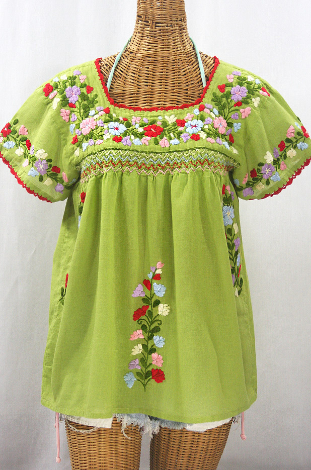 "La Marina Corta" Embroidered Mexican Peasant Blouse - Moss Green + Multi