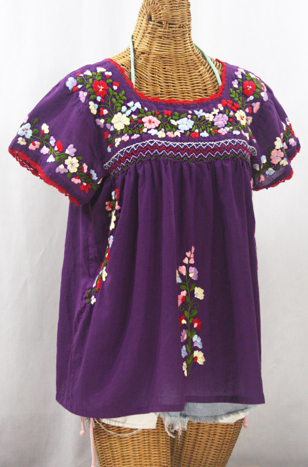 "La Marina Corta" Embroidered Mexican Peasant Blouse - Purple + Multi