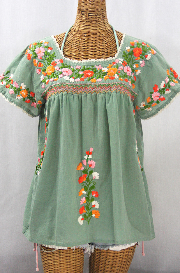 "La Marina Corta" Embroidered Mexican Peasant Blouse - Sage Green + Orange Mix