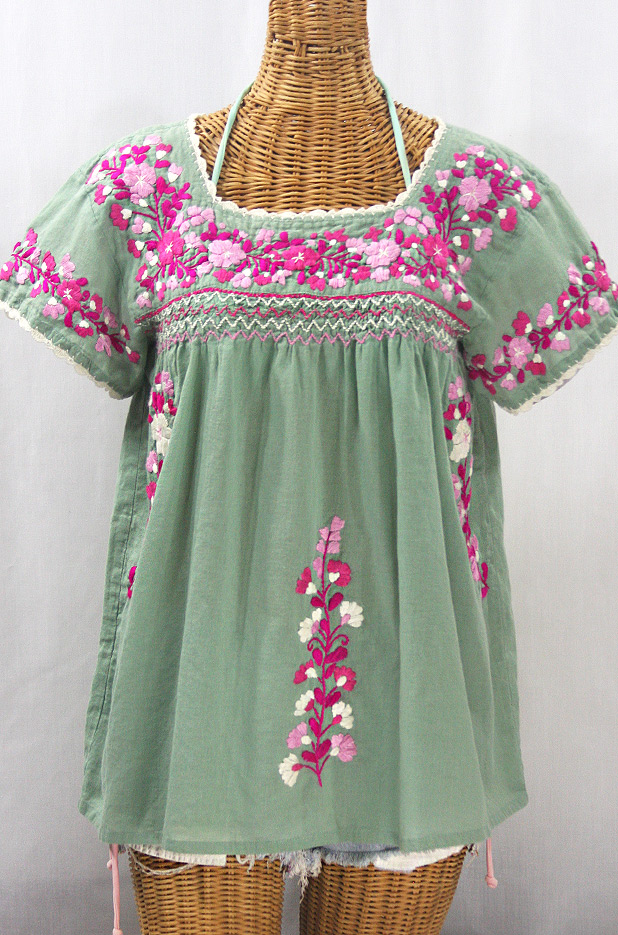 "La Marina Corta" Embroidered Mexican Peasant Blouse - Sage Green + Bright Pink Mix
