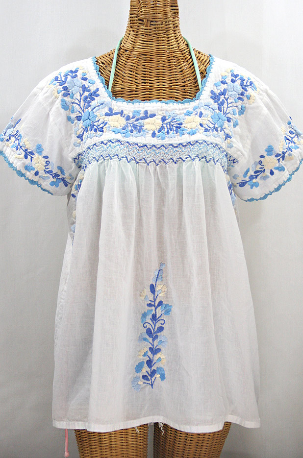 "La Marina Corta" Embroidered Mexican Peasant Blouse - White + Blue Mix